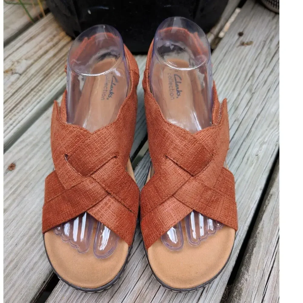Clarks Collection Merliah Echo Sandals Brown Rust 8.5 Strappy Wedge Foam Footbed